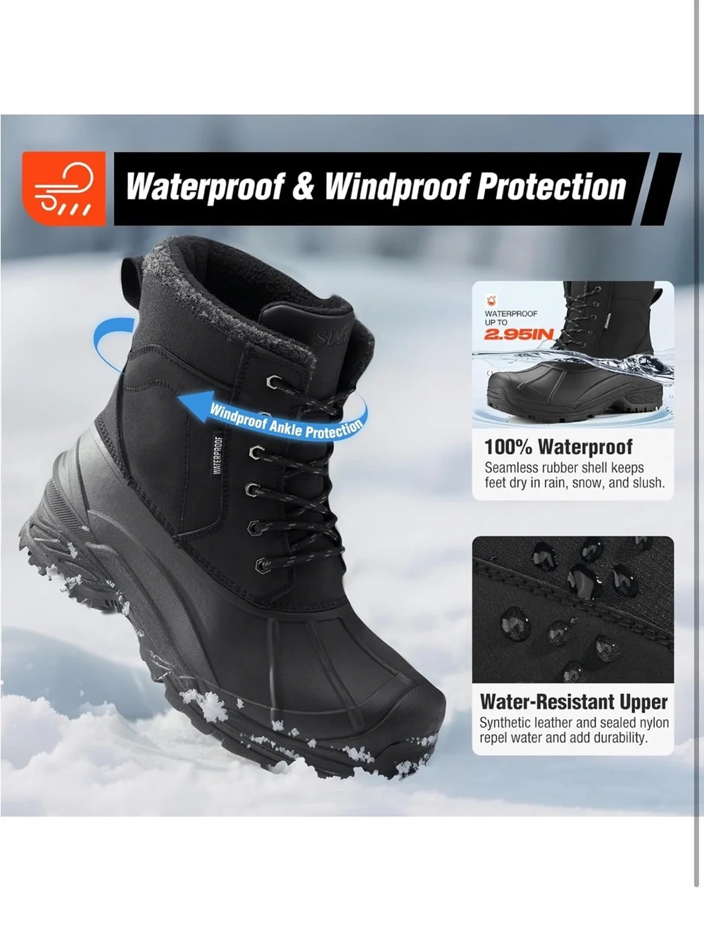 Suedi Black Waterproof Winter Boots - Insulated Snow Boots